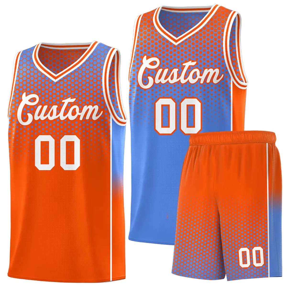 Light Blue Orange Dot Pattern Reversible Side Gradient Basketball Jersey Kits