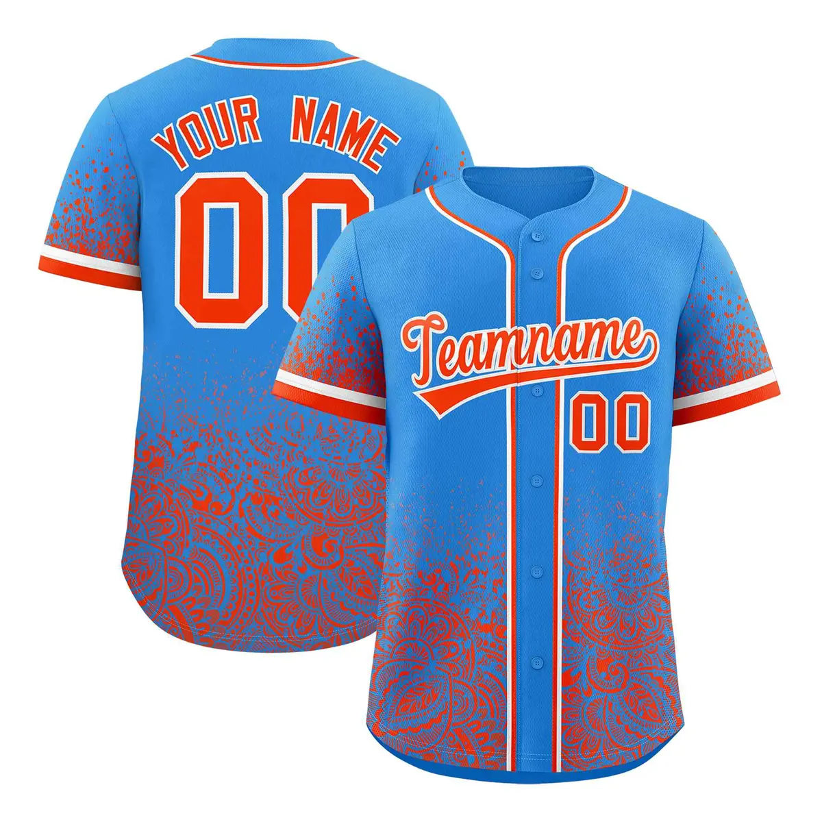 Light Blue Orange Floral Gradient Full Button Baseball Jersey
