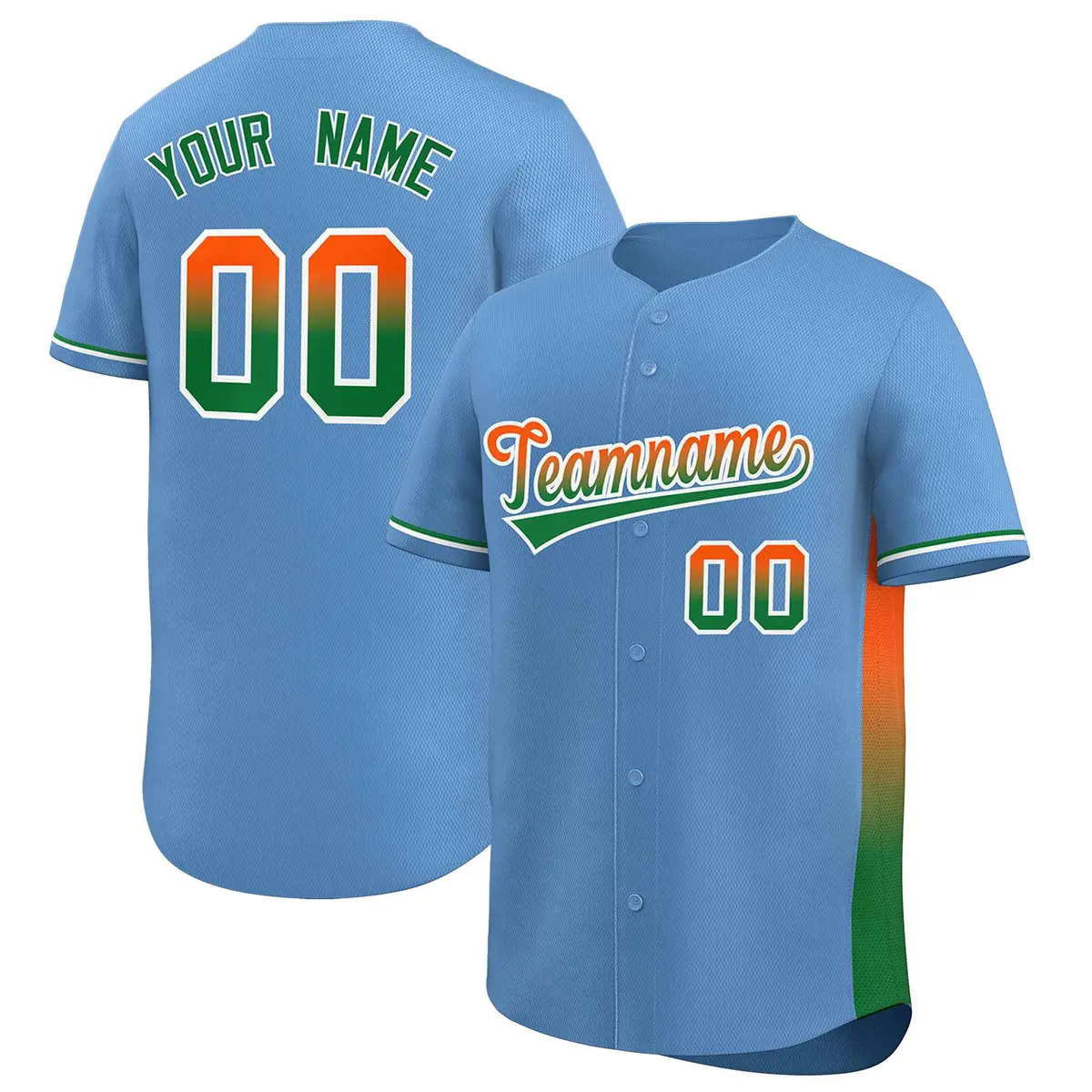Light Blue Orange-Kelly Green Gradient Side Baseball Jersey