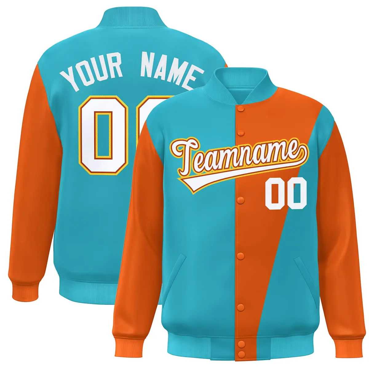 Light Blue Orange-White Color Block Varsity Full-Snap Bomber Jacket