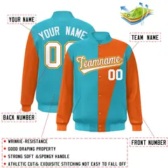 Light Blue Orange-White Color Block Varsity Full-Snap Bomber Jacket 2