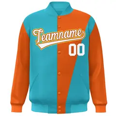 Light Blue Orange-White Color Block Varsity Full-Snap Bomber Jacket 3