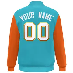 Light Blue Orange-White Color Block Varsity Full-Snap Bomber Jacket 4