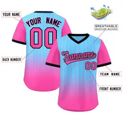 Light Blue Pink-Black Gradient Pullover Pinstripe Baseball Jersey 2