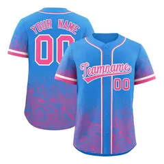 Light Blue Pink Floral Gradient Full Button Baseball Jersey 1