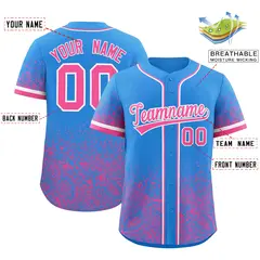 Light Blue Pink Floral Gradient Full Button Baseball Jersey 2