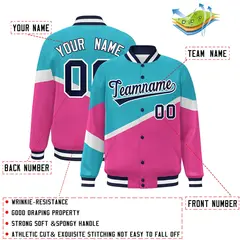 Light Blue Pink Navy-White Color Block Varsity Baseball Jacket 2