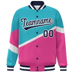 Light Blue Pink Navy-White Color Block Varsity Baseball Jacket 3