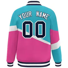 Light Blue Pink Navy-White Color Block Varsity Baseball Jacket 4