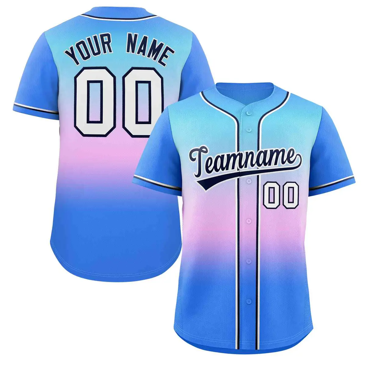 Light Blue Pink Navy-White Gradient Baseball Jersey