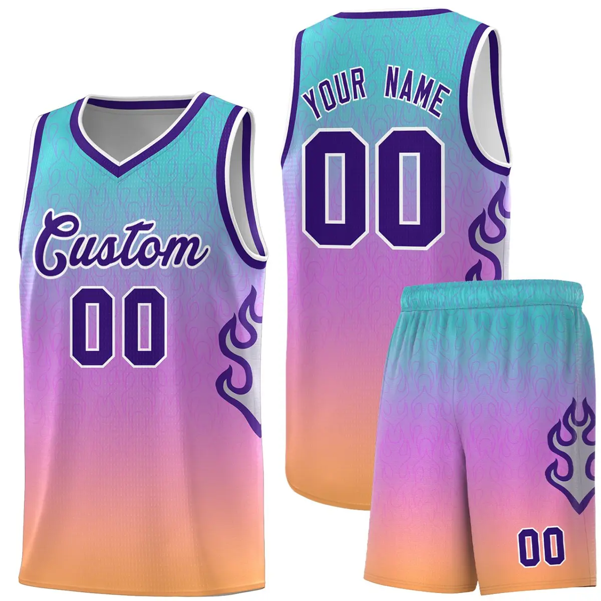 Light Blue Pink-Purple Flame Gradient Basketball Jersey
