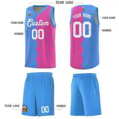 Light Blue Pink Puzzle Pattern Splid Basketball Kits 5