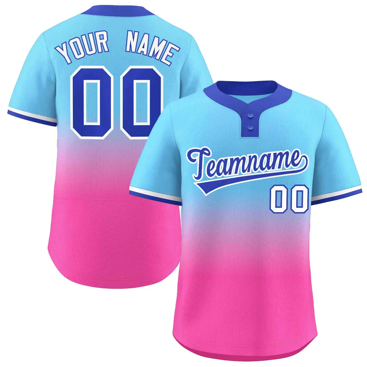Light Blue Pink Royal-White Gradient Two-Button Softball Jersey