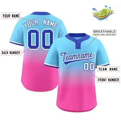 Light Blue Pink Royal-White Gradient Two-Button Softball Jersey 2