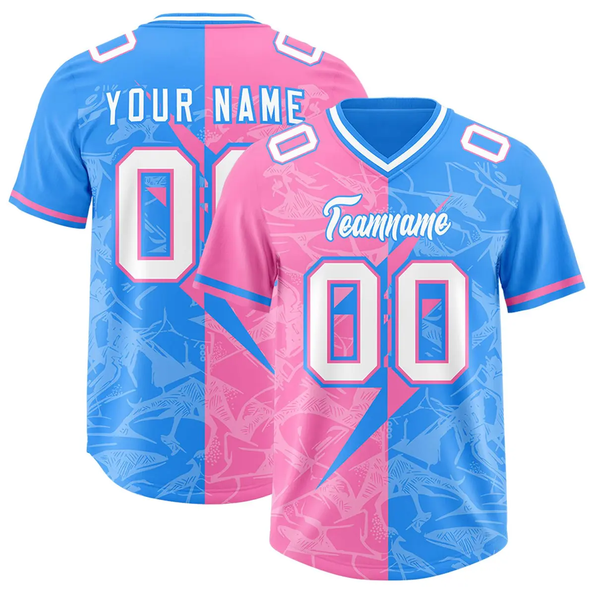 Light Blue Pink Split Lightning Pattern Football Jersey