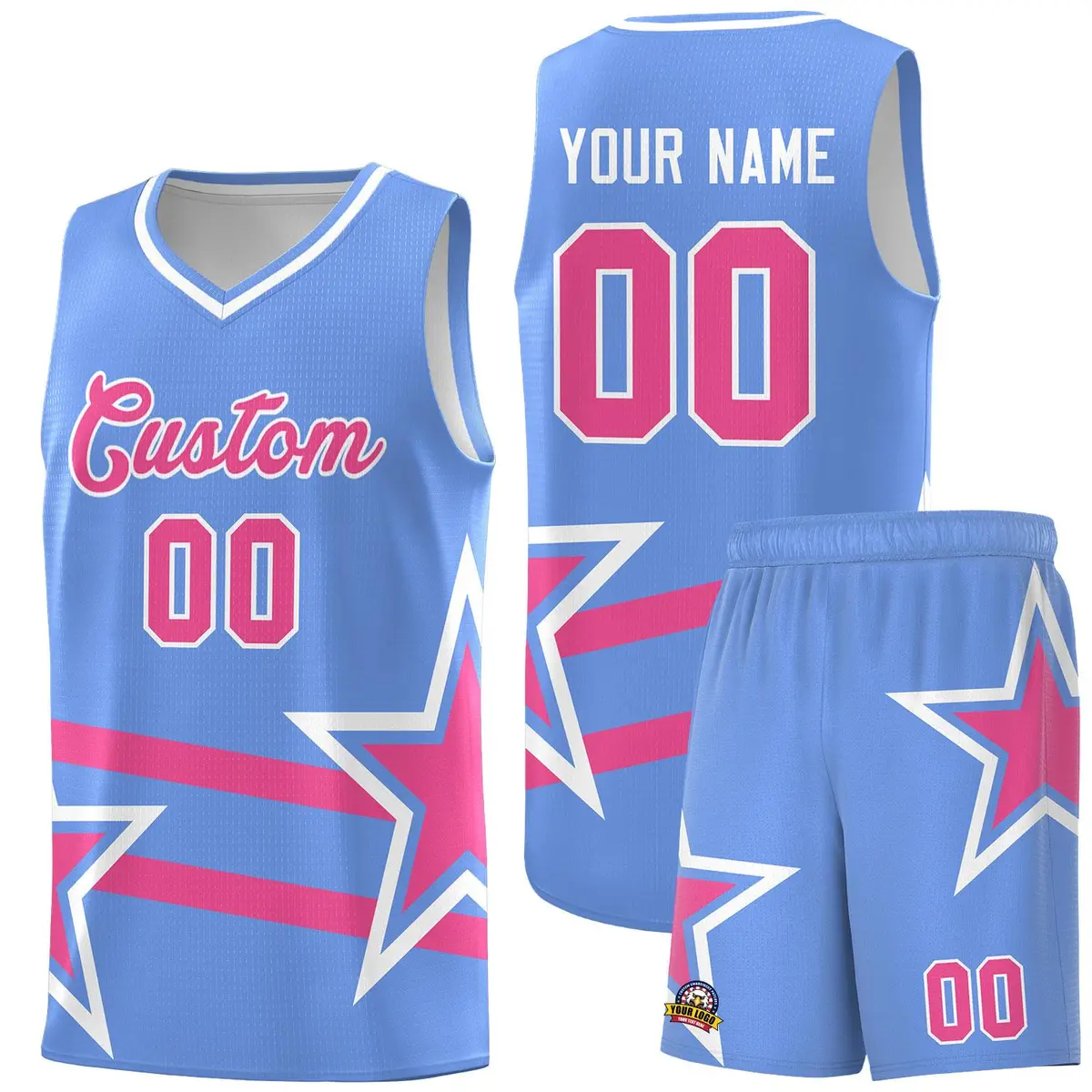 Light Blue Pink Star Pattern Double Lines Basketball Kits