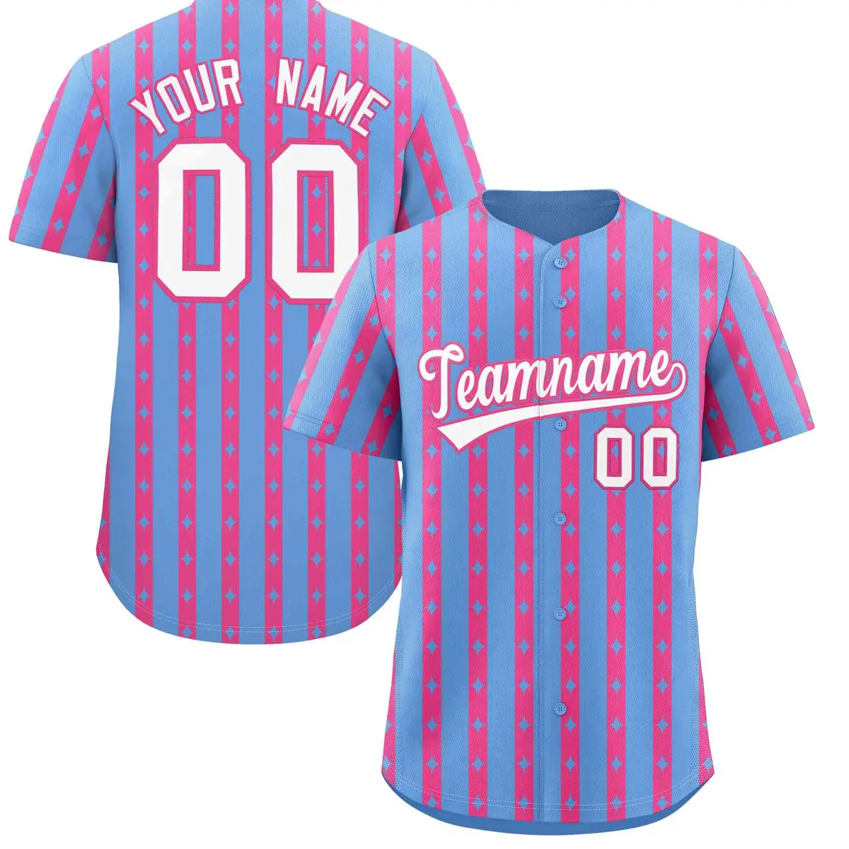 Light Blue Pink Star Pattern Thick Stripes Baseball Jersey