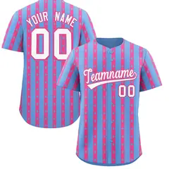 Light Blue Pink Star Pattern Thick Stripes Baseball Jersey 1