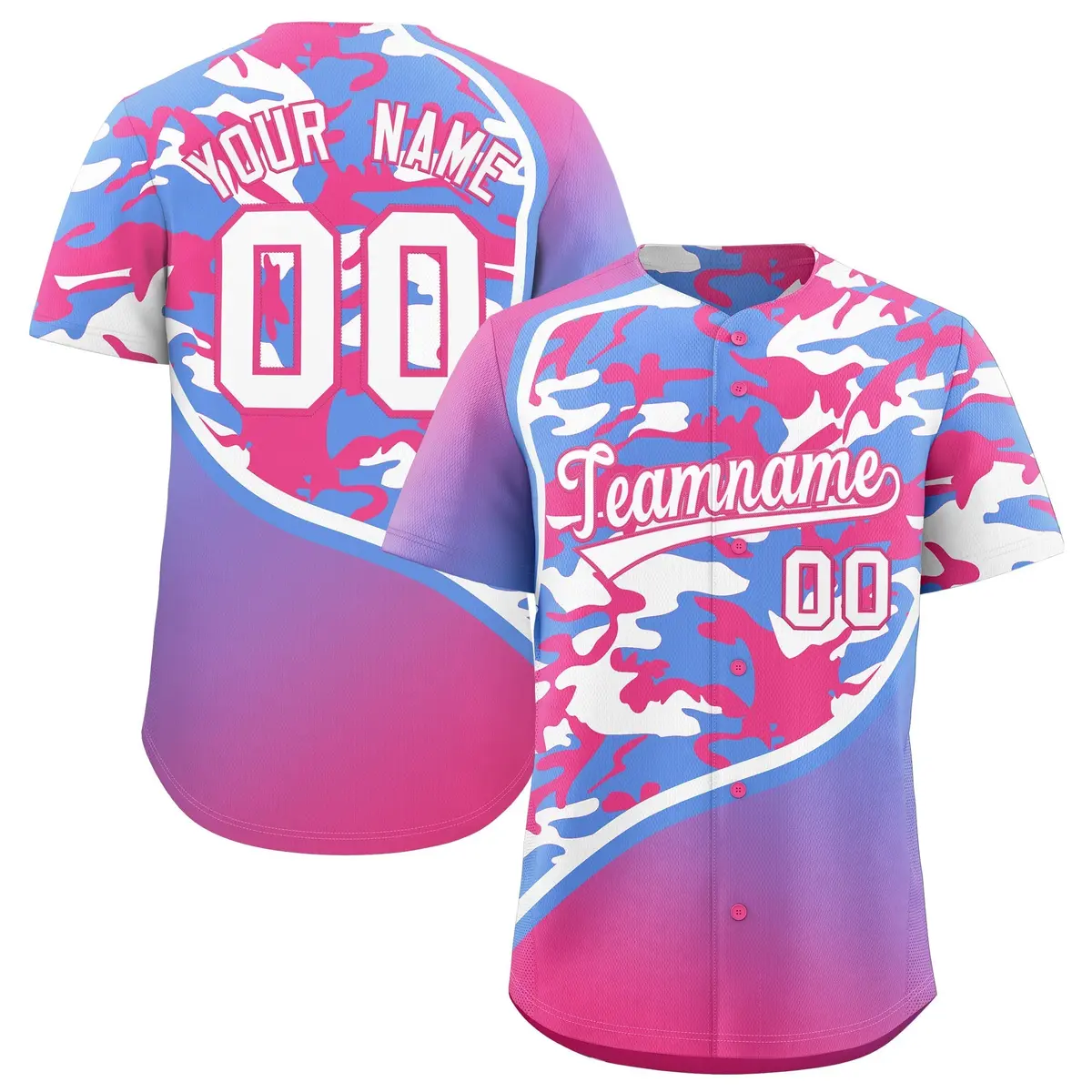 Light Blue Pink White Camo Gradient Fashion Baseball Jersey