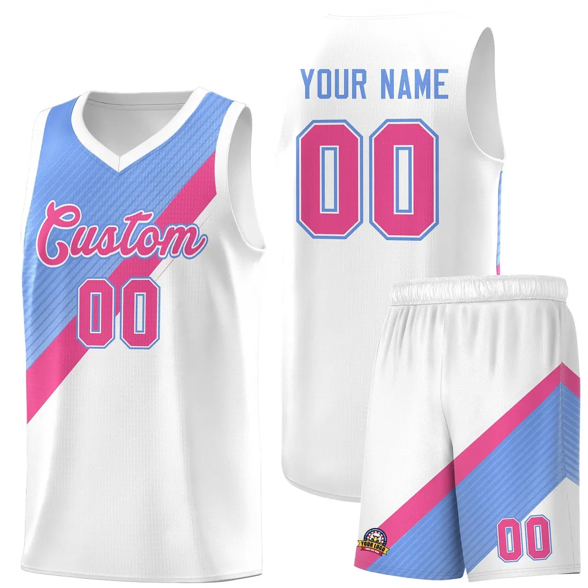 Light Blue Pink White Diagonal Stripes Color Block Basketball Jersey