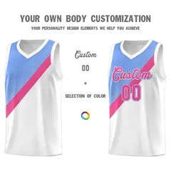 Light Blue Pink White Diagonal Stripes Color Block Basketball Jersey 3
