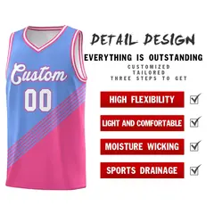 Light Blue Pink White Diagonal Stripes Color Block Basketball Jersey 2