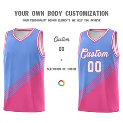 Light Blue Pink White Diagonal Stripes Color Block Basketball Jersey 3