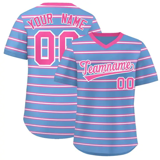 Light Blue Pink-White Horizontal Stripe Pullover Baseball Jersey