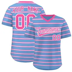 Light Blue Pink-White Horizontal Stripe Pullover Baseball Jersey 1