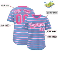 Light Blue Pink-White Horizontal Stripe Pullover Baseball Jersey 2