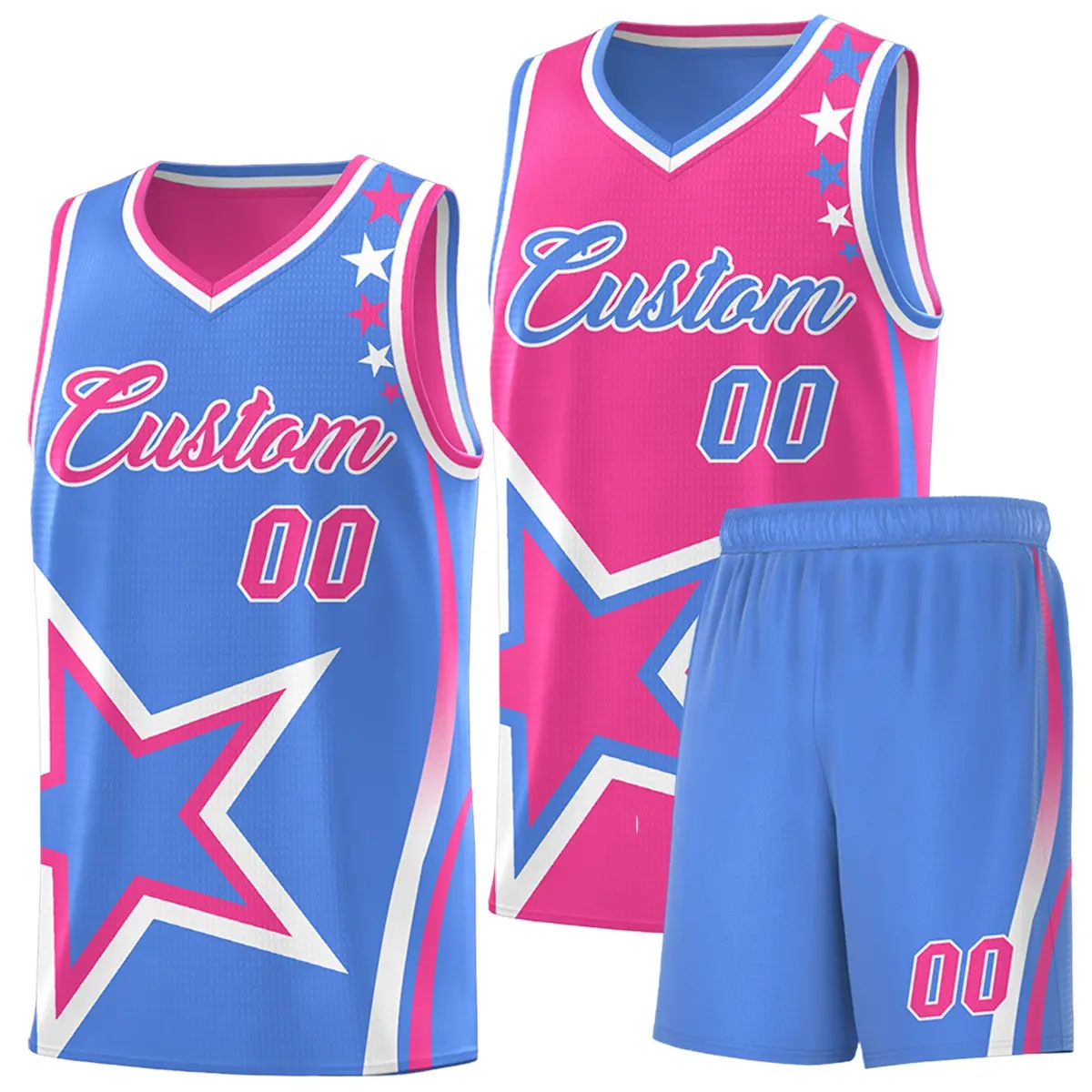 Light Blue Pink White Star Series Reversible Basketball Jersey
