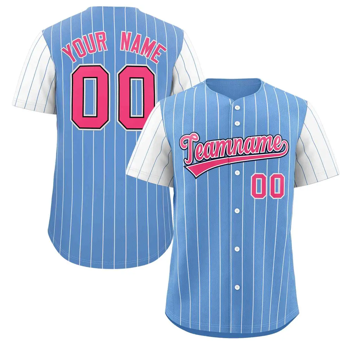 Light Blue Pink-White Stripe Raglan Baseball Jersey
