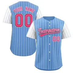 Light Blue Pink-White Stripe Raglan Baseball Jersey 1