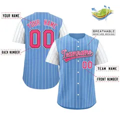 Light Blue Pink-White Stripe Raglan Baseball Jersey 2