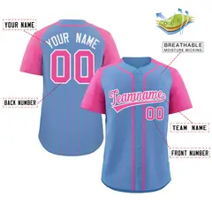 Light Blue Pink-White Stripe Raglan Baseball Jersey 2