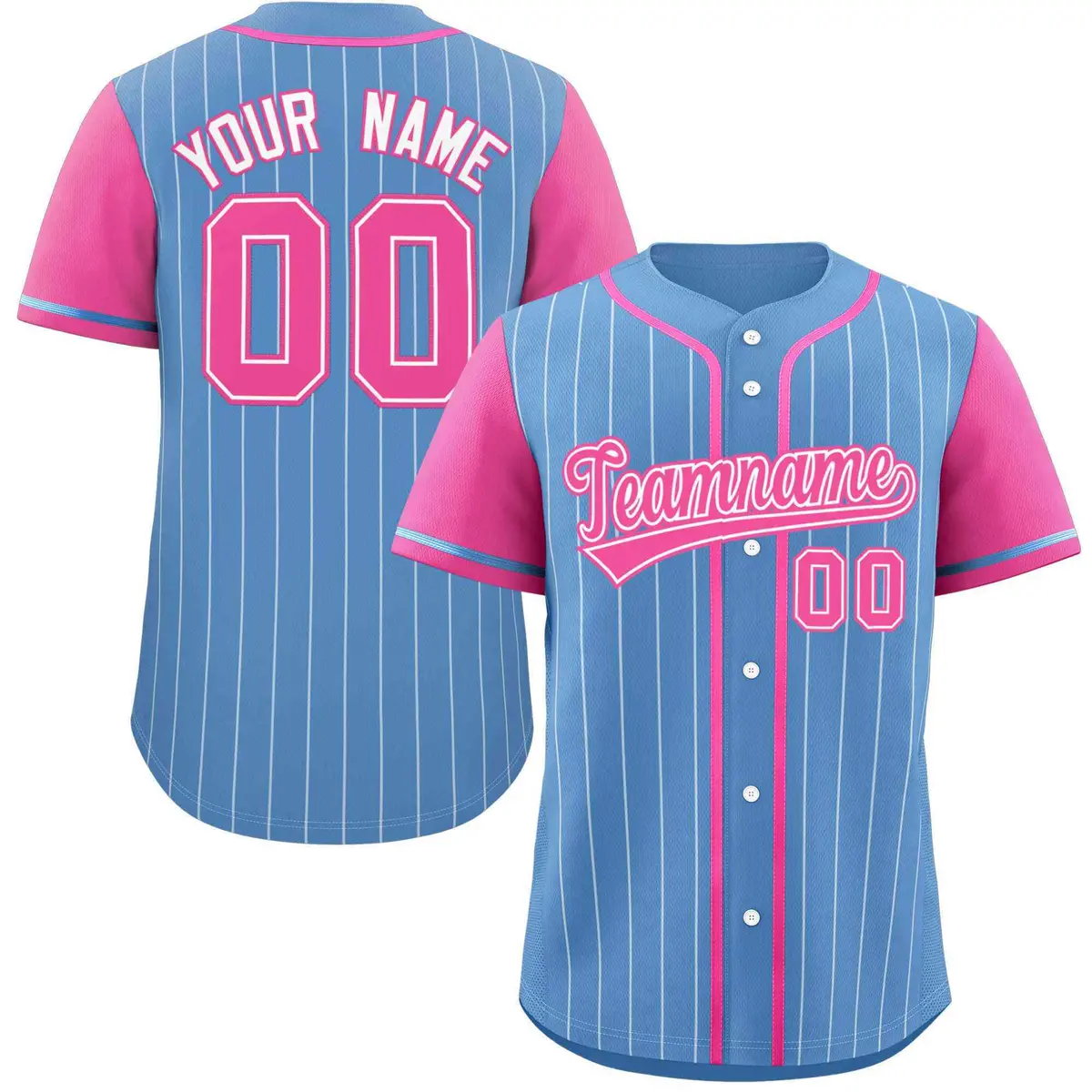 Light Blue Pink-White Stripe Raglan Baseball Jersey