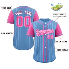 Light Blue Pink-White Stripe Raglan Baseball Jersey 2