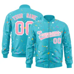Light Blue Pink-White Varsity Full-Zip Splash Graffiti Letterman Jacket