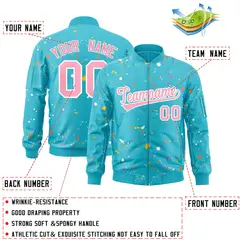 Light Blue Pink-White Varsity Full-Zip Splash Graffiti Letterman Jacket 2