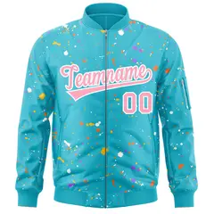 Light Blue Pink-White Varsity Full-Zip Splash Graffiti Letterman Jacket 3