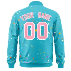 Light Blue Pink-White Varsity Full-Zip Splash Graffiti Letterman Jacket 4