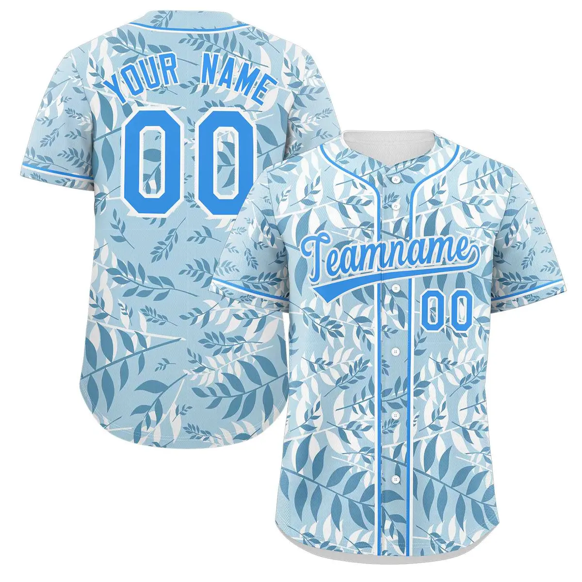 Light Blue Powder Blue-White Graffiti Palm Leaf Baseball Jersey