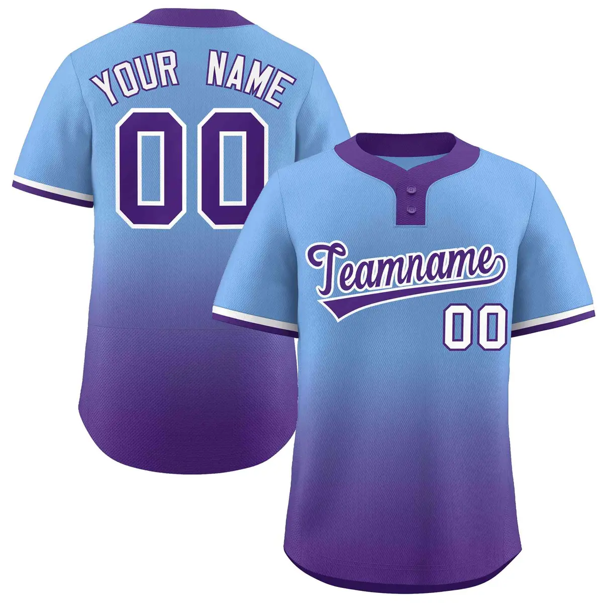 Light Blue Purple Purple-White Gradient Two-Button Softball Jersey