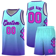Light Blue Purple-White Flame Gradient Basketball Jersey
