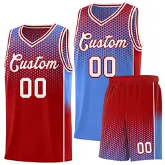 Light Blue Red Dot Pattern Reversible Side Gradient Basketball Jersey Kits
