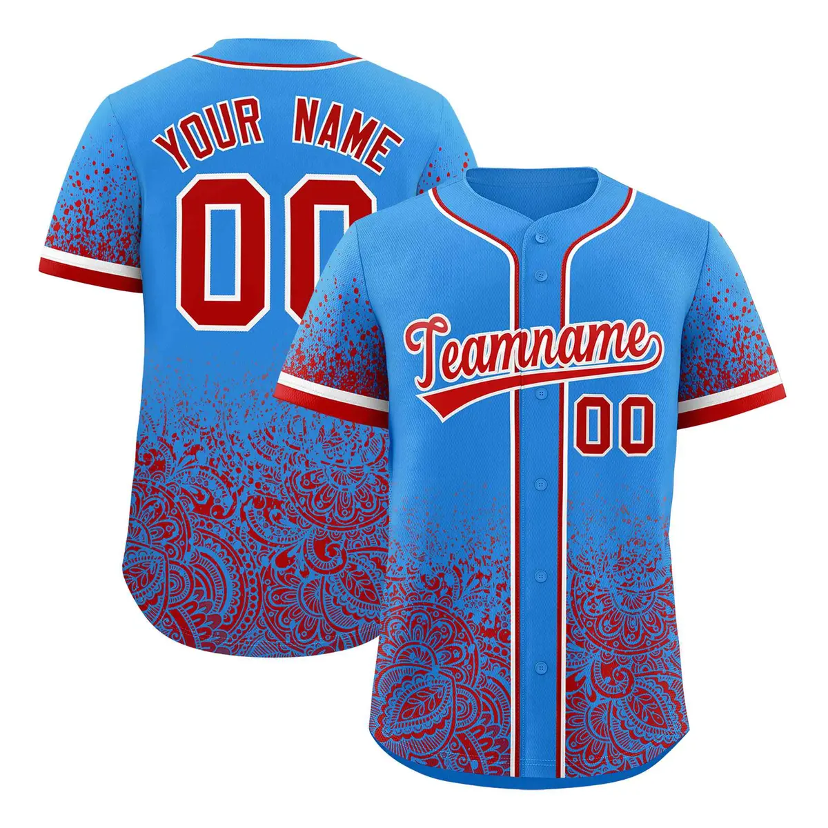 Light Blue Red Floral Gradient Full Button Baseball Jersey