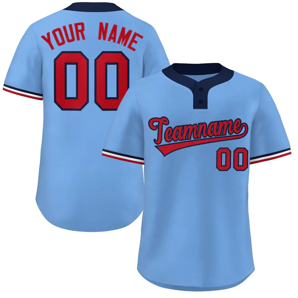Light Blue Red-Navy Classic Two-Button Softball Jersey