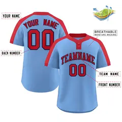 Light Blue Red-Navy Classic Two-Button Softball Jersey 2