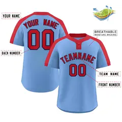 Light Blue Red-Navy Classic Two-Button Softball Jersey 2