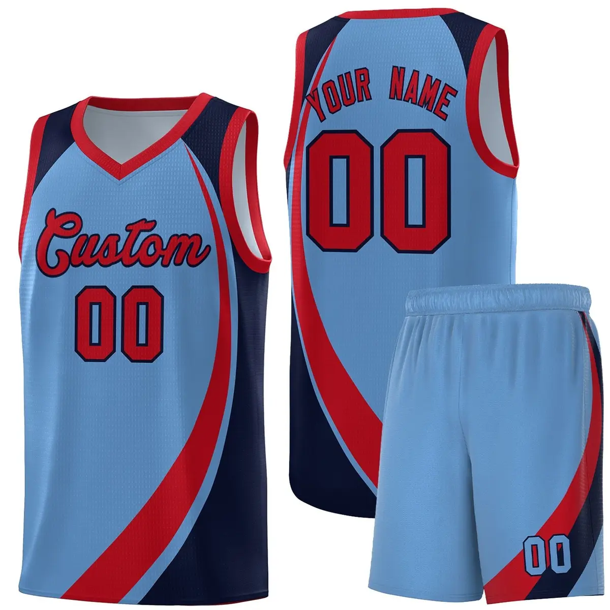 Light Blue Red-Navy Color Block Basketball Jersey